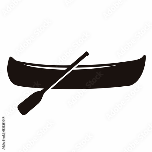 Simple Black and White Vector Graphic of a Canoe with a Paddle