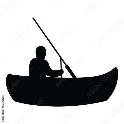 Silhouette of a person rowing a boat with a paddle on water