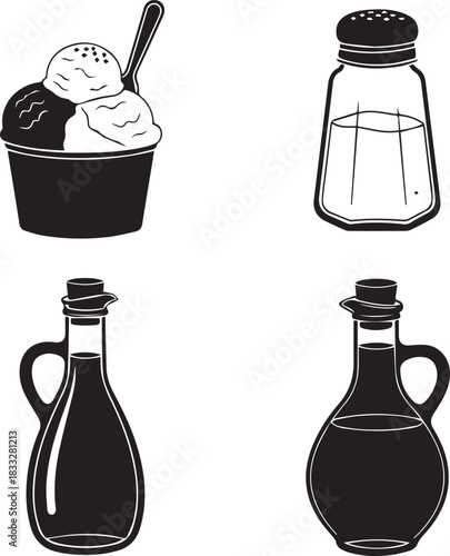 Set of four hand drawn illustrations of food and drink items