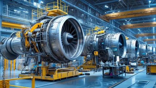 High-tech aircraft engine manufacturing facility with advanced machinery and efficient workflow