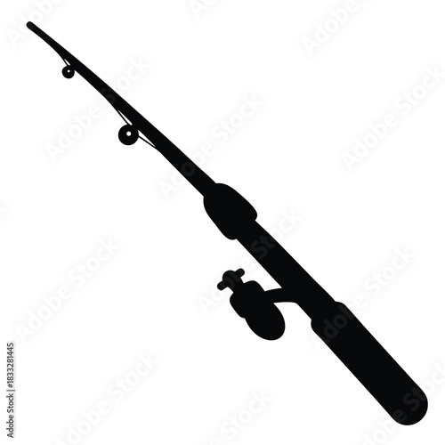 Simple black silhouette of a fishing rod with reel, for recreational fishing