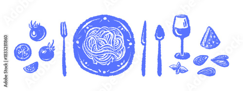 Vintage Italian pasta Art fork, plate, tomato Wine