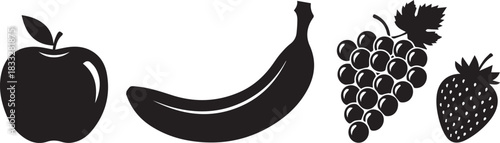 Simple black silhouette icons of fresh fruits on a white background