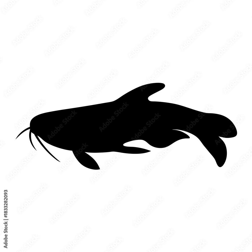 Fototapeta premium Stylized Silhouette of a Catfish Swimming with Distinctive Whiskers and Fins