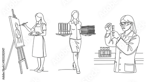 Black Continuous Line Art of Women at Work – Painting on Canvas, Carrying File Tray, and Examining Test Tube in Laboratory