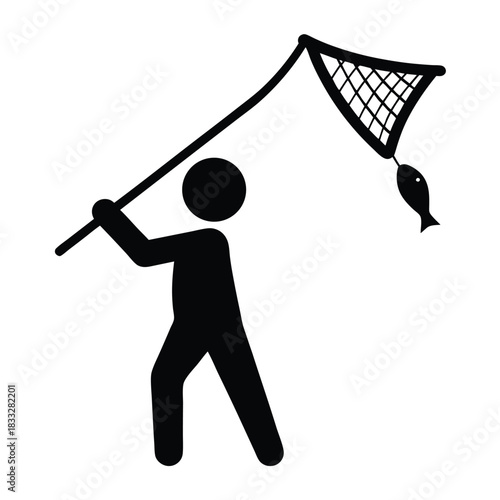 Person with Fish Net Catching a Fish Stick Figure Illustration
