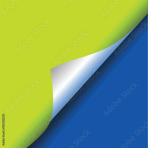 Vibrant abstract background featuring a bright lime green sheet peeling back to reveal a deep royal blue surface underneath with a subtle gradient shadow effect on the curl