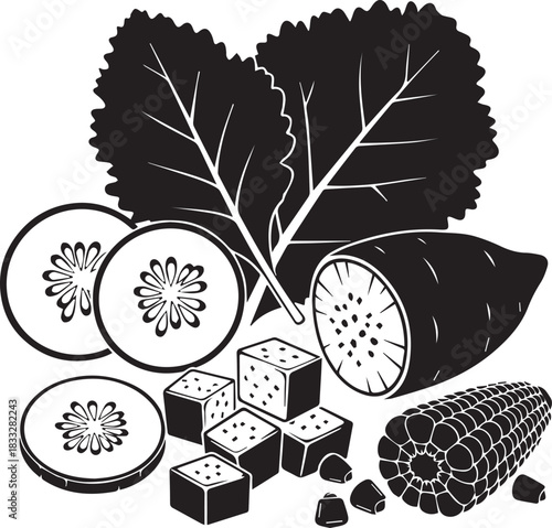 Black and white illustration of fresh vegetables including cucumber sweet potato corn and greens