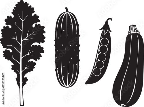 Black and white illustration of kale cucumber pea pod and zucchini