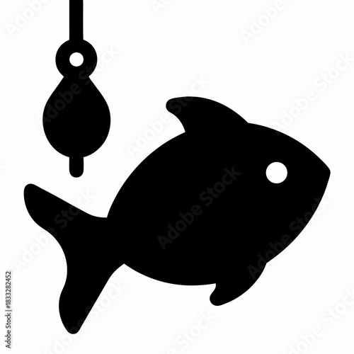 Simple black and white image depicting fish caught on fishing line