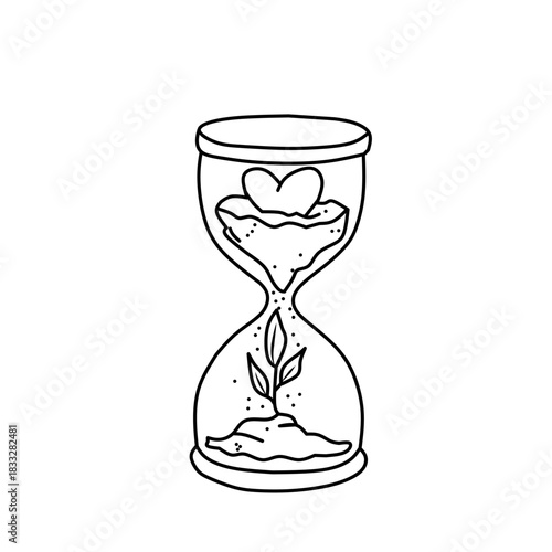 A simple hourglass sketch showing a heart and sand pouring into the lower bulb where a plant is growing, symbolizing the passage of time nurturing growth and love.