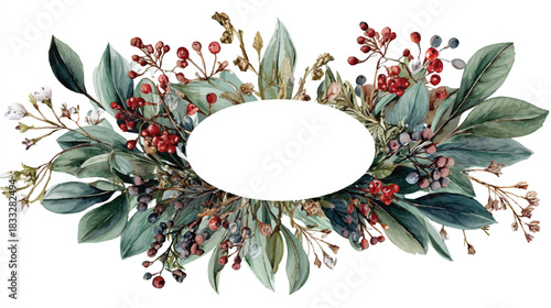 Elegant watercolor floral frame with eucalyptus berries and blank space