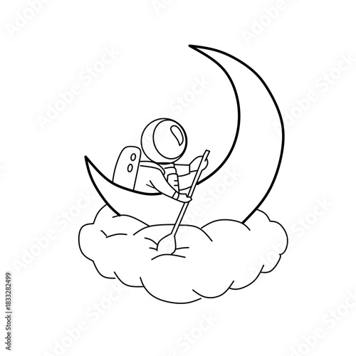 A whimsical line drawing of an astronaut in a spacesuit rowing a crescent moon boat, which rests gently on a fluffy cloud. Represents dreams, exploration, journey, imagination, and space travel.