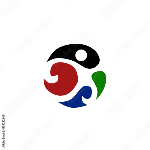 A colorful abstract human figure in a circular motion formed by black, red, blue, and green shapes, symbolizing harmony, movement, balance, creativity, and dynamic energy.