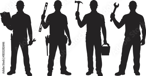 Silhouettes of four male construction workers, handymen, and tradesmen wearing hard hats and holding various tools like a wrench, hammer, level, and clipboard, maintenance and repair service concept.