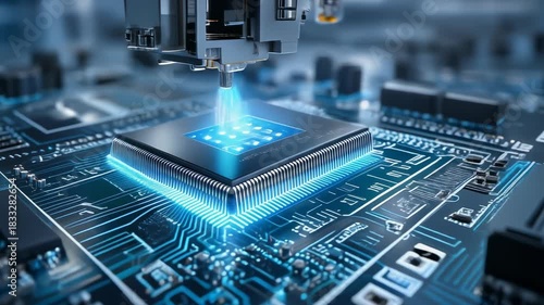 High-tech microchip manufacturing process with advanced machinery and circuit board, perfect for technology themes