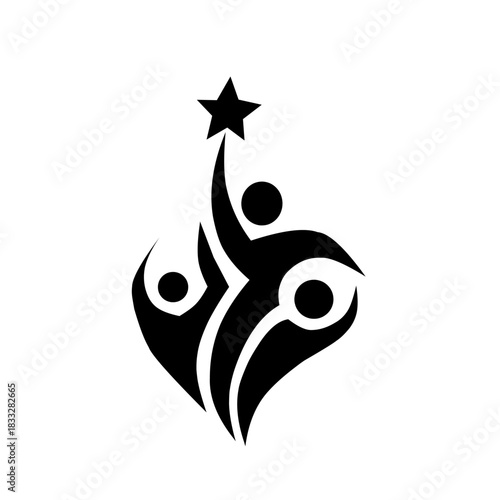 A dynamic abstract symbol of three human figures reaching upward toward a star, representing unity, teamwork, growth, achievement, and shared aspiration in a modern minimalist style.
