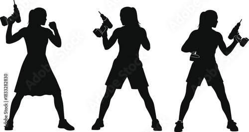 Strong female silhouettes holding electric drills in dynamic poses, representing women in construction, DIY projects, gender equality, empowerment, home improvement, and manual labor concepts.