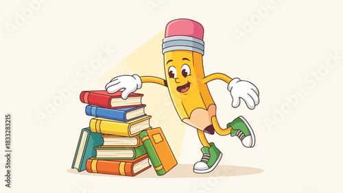 Cartoon Pencil Character Dancing with Stack of Books.