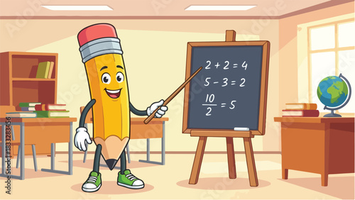 Cartoon Pencil Character Teaching Math in a Classroom Setting.