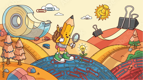 Anthropomorphic Pencil Character Exploring a Whimsical Landscape with School Supplies.