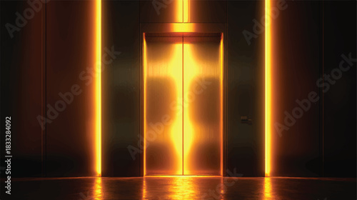 Illuminated Elevator Doors in Dark Hallway with Reflection on Floor