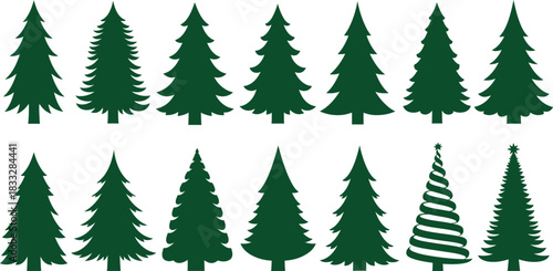 Collection of Green Evergreen Trees Silhouettes for Winter and Holiday Designs Isolated on Transparent Background Vector Illustration