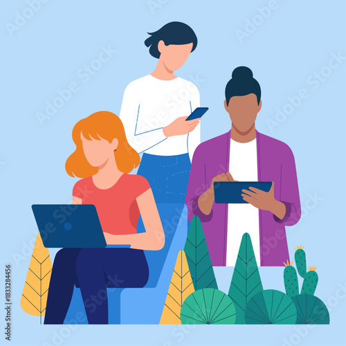 Flat Design Illustration of People Using Digital Devices Outdoors with Laptops, Phones, and Tablets.