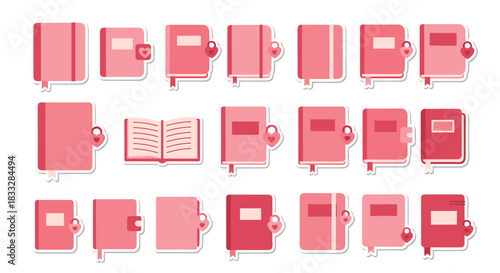 Collection of pink diaries and notebooks with heart-shaped locks, presented as a sticker set for romantic or personal use.