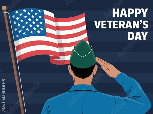 Patriotic Flat Design Illustration for Veterans Day with Saluting Soldier and U.S. Flag.