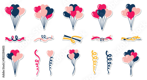 Festive collection of heart-shaped balloon bunches and colorful ribbons, isolated as a sticker set for party decorations.