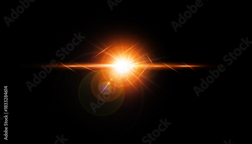 Lens flare glow light effect on black background. Easy to add overlay or screen filter over photos