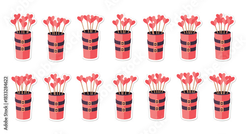 Repeating pattern of Valentine's Day bouquets with heart-shaped lollipops in a container resembling Santa's belt.