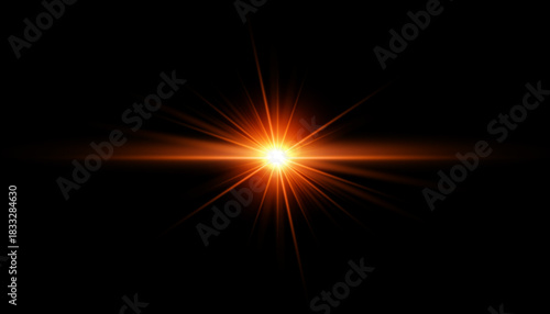 Shining golden star light flash with realistic lens flare. On a transparent background