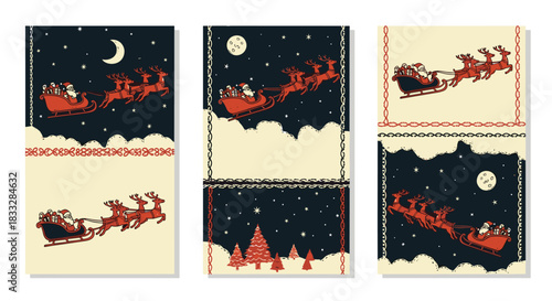 Vintage Christmas banners showing Santa Claus in his sleigh pulled by reindeer, flying across a starry night sky with a moon.