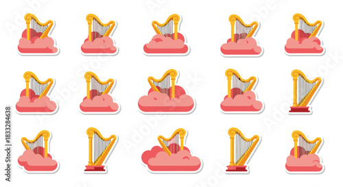 Romantic sticker set of golden harps, some resting on pink clouds, symbolizing love, music, angels, and heavenly harmony.