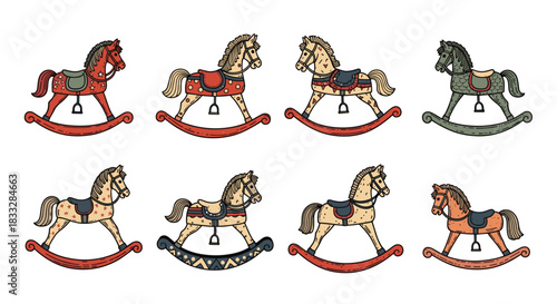 Set of colorful, vintage-style wooden rocking horses, hand-drawn with decorative patterns as classic children's toys.
