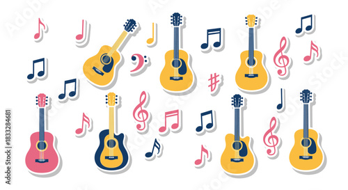 Musical sticker collection of acoustic guitars in various colors, surrounded by musical notes, treble clefs, and bass clefs.
