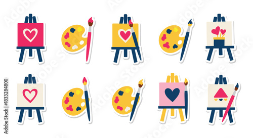 Artistic sticker set featuring easels with heart paintings, along with painter's palettes and brushes for a creative theme.