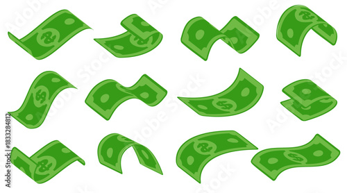 Flying cartoon dollar banknotes. Paper money cash bills in motion, green currency icons. Vector illustration of falling, floating, or swirling dollars for finance, banking, wealth