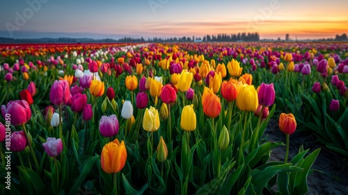 Vibrant tulip field at sunset with warm tones. AI generated