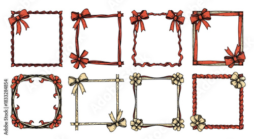 Set of eight square, hand-drawn frames decorated with festive ribbons and bows in a vintage, sketched illustration style.