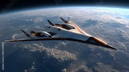 Futuristic aircraft soaring above Earth's atmosphere with clouds below