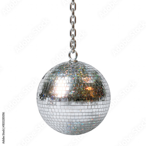 Shiny, retro disco ball or mirror ball hanging from chain, isolated for festive party or celebration. Perfect object for nightclub and dance music event backgrounds