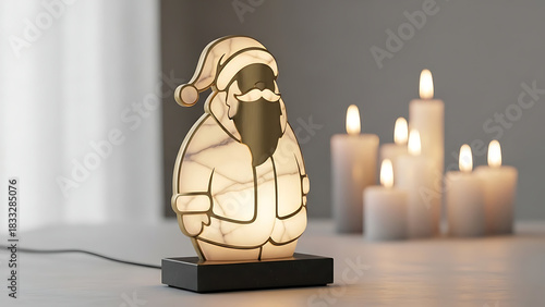 Exclusive Santa Claus lamp made of marble and metal with built-in lighting - glows next to candles in a cozy home environment