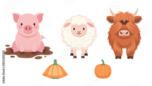 Charming collection of farm animals including a pig in mud, a fluffy sheep, a Highland cow, and autumn pumpkins.