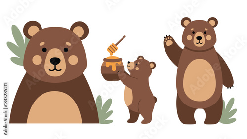 Set of three cute brown bear character illustrations, including a portrait, a cub with a honey pot, and a waving bear.