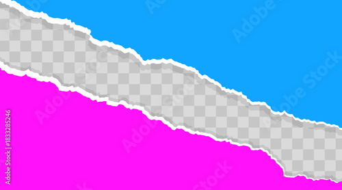 Ripped paper torn edge strips in pink and blue colors. Decorative torn paper pieces for notes, banners, scrapbooking, collage, and design elements. Realistic ripped edges. Vector illustration.