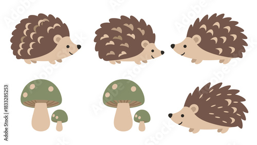 Adorable collection of smiling hedgehogs and green toadstool mushrooms, illustrated in a cute, simple style for children.