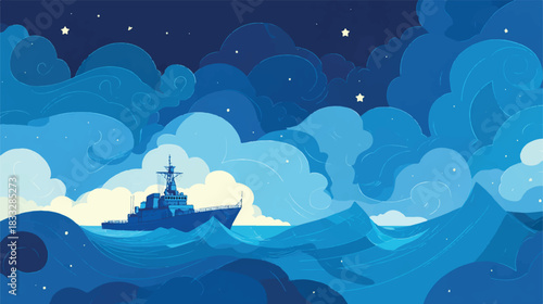 Naval ship sailing on the ocean under a starry night sky